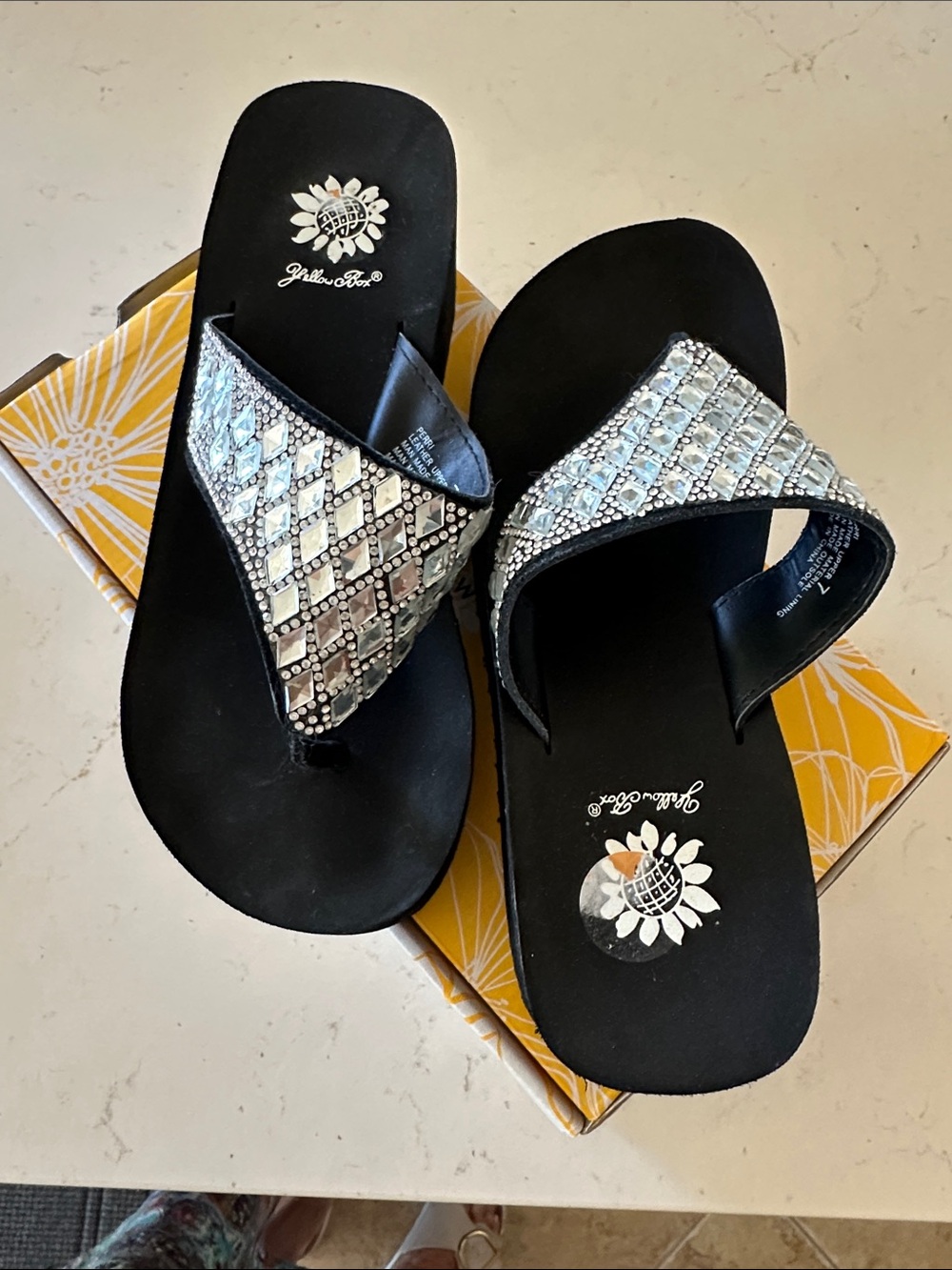 Yellow Box Black Sandals with Silver Rhinestone Straps New